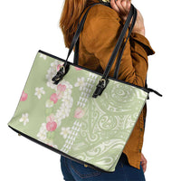 Leaf Green Hawaii Anthurium Plumeria Lei Leather Tote Bag LT9 - Polynesian Pride