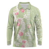 Leaf Green Hawaii Anthurium Plumeria Lei Long Sleeve Polo Shirt LT9 Green - Polynesian Pride