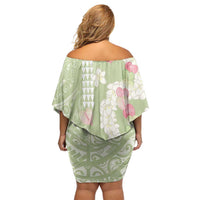 Leaf Green Hawaii Anthurium Plumeria Lei Off Shoulder Short Dress LT9 - Polynesian Pride
