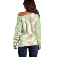 Leaf Green Hawaii Anthurium Plumeria Lei Off Shoulder Sweater LT9 - Polynesian Pride