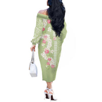 Leaf Green Hawaii Anthurium Plumeria Lei Off The Shoulder Long Sleeve Dress LT9 - Polynesian Pride