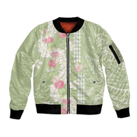 Leaf Green Hawaii Anthurium Plumeria Lei Sleeve Zip Bomber Jacket LT9 Unisex Green - Polynesian Pride
