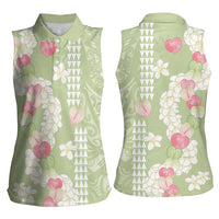Leaf Green Hawaii Anthurium Plumeria Lei Women Sleeveless Polo Shirt LT9 - Polynesian Pride