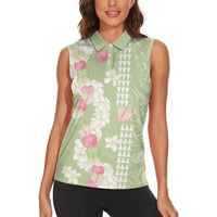 Leaf Green Hawaii Anthurium Plumeria Lei Women Sleeveless Polo Shirt LT9 - Polynesian Pride