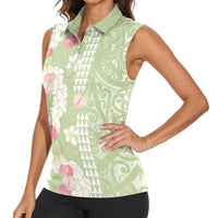 Leaf Green Hawaii Anthurium Plumeria Lei Women Sleeveless Polo Shirt LT9 - Polynesian Pride