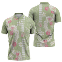 Leaf Green Hawaii Anthurium Plumeria Lei Zipper Polo Shirt LT9 - Polynesian Pride