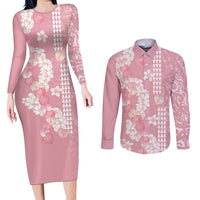 Soft Pink Hawaii Anthurium Plumeria Lei Couples Matching Long Sleeve Bodycon Dress and Long Sleeve Button Shirt LT9 Pink - Polynesian Pride
