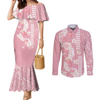 Soft Pink Hawaii Anthurium Plumeria Lei Couples Matching Mermaid Dress and Long Sleeve Button Shirt LT9 Pink - Polynesian Pride