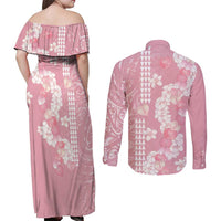 Soft Pink Hawaii Anthurium Plumeria Lei Couples Matching Off Shoulder Maxi Dress and Long Sleeve Button Shirt LT9 - Polynesian Pride