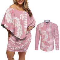Soft Pink Hawaii Anthurium Plumeria Lei Couples Matching Off Shoulder Short Dress and Long Sleeve Button Shirt LT9 Pink - Polynesian Pride