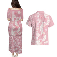 Soft Pink Hawaii Anthurium Plumeria Lei Couples Matching Puletasi and Hawaiian Shirt LT9 - Polynesian Pride