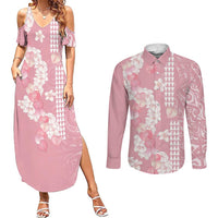 Soft Pink Hawaii Anthurium Plumeria Lei Couples Matching Summer Maxi Dress and Long Sleeve Button Shirt LT9 Pink - Polynesian Pride
