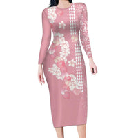 Soft Pink Hawaii Anthurium Plumeria Lei Family Matching Long Sleeve Bodycon Dress and Hawaiian Shirt