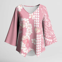 Soft Pink Hawaii Anthurium Plumeria Lei Kimono Sleeve Blouse LT9 Female Pink - Polynesian Pride