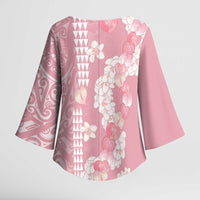 Soft Pink Hawaii Anthurium Plumeria Lei Kimono Sleeve Blouse LT9 - Polynesian Pride