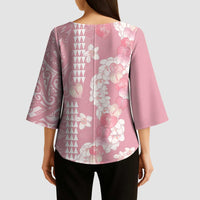Soft Pink Hawaii Anthurium Plumeria Lei Kimono Sleeve Blouse LT9 - Polynesian Pride
