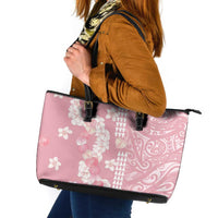 Soft Pink Hawaii Anthurium Plumeria Lei Leather Tote Bag LT9 Pink - Polynesian Pride