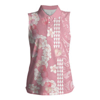 Soft Pink Hawaii Anthurium Plumeria Lei Women Sleeveless Polo Shirt LT9 Female Pink - Polynesian Pride