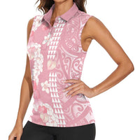 Soft Pink Hawaii Anthurium Plumeria Lei Women Sleeveless Polo Shirt LT9 - Polynesian Pride