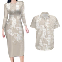 Suede Beige Hawaii Anthurium Plumeria Lei Couples Matching Long Sleeve Bodycon Dress and Hawaiian Shirt
