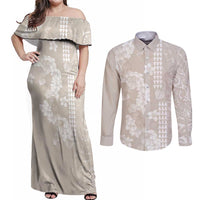 Suede Beige Hawaii Anthurium Plumeria Lei Couples Matching Off Shoulder Maxi Dress and Long Sleeve Button Shirt LT9 Beige - Polynesian Pride