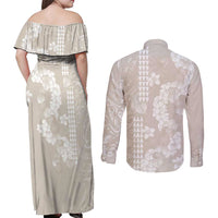 Suede Beige Hawaii Anthurium Plumeria Lei Couples Matching Off Shoulder Maxi Dress and Long Sleeve Button Shirt LT9 - Polynesian Pride