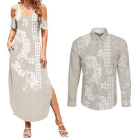 Suede Beige Hawaii Anthurium Plumeria Lei Couples Matching Summer Maxi Dress and Long Sleeve Button Shirt LT9 Beige - Polynesian Pride