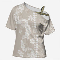 Suede Beige Hawaii Anthurium Plumeria Lei Cross Shoulder Shirt LT9 Female Beige - Polynesian Pride