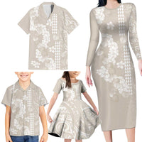 Suede Beige Hawaii Anthurium Plumeria Lei Family Matching Long Sleeve Bodycon Dress and Hawaiian Shirt
