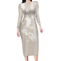 Suede Beige Hawaii Anthurium Plumeria Lei Family Matching Long Sleeve Bodycon Dress and Hawaiian Shirt