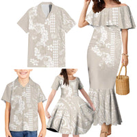 Suede Beige Hawaii Anthurium Plumeria Lei Family Matching Mermaid Dress and Hawaiian Shirt