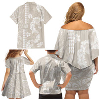 Suede Beige Hawaii Anthurium Plumeria Lei Family Matching Off Shoulder Short Dress and Hawaiian Shirt