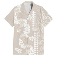 Suede Beige Hawaii Anthurium Plumeria Lei Family Matching Puletasi and Hawaiian Shirt