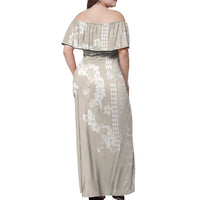 Suede Beige Hawaii Anthurium Plumeria Lei Off Shoulder Maxi Dress LT9 - Polynesian Pride