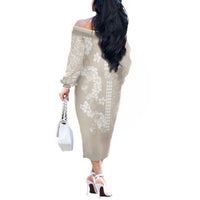 Suede Beige Hawaii Anthurium Plumeria Lei Off The Shoulder Long Sleeve Dress LT9 - Polynesian Pride