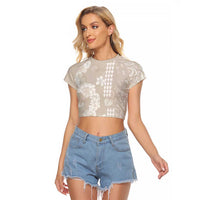 Suede Beige Hawaii Anthurium Plumeria Lei Raglan Cropped T Shirt LT9 Female Beige - Polynesian Pride