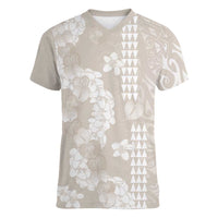 Suede Beige Hawaii Anthurium Plumeria Lei Women V-Neck T-Shirt LT9 Female Beige - Polynesian Pride