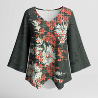 Hawaii Tartan With Hibiscus Kimono Sleeve Blouse Polynesian Pattern Vintage LT9 Female Dark Green - Polynesian Pride