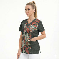 Hawaii Tartan With Hibiscus Scrub Top Polynesian Pattern Vintage LT9 - Polynesian Pride