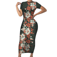 Hawaii Tartan With Hibiscus Short Sleeve Bodycon Dress Polynesian Pattern Vintage LT9 Long Dress Dark Green - Polynesian Pride