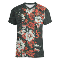 Hawaii Tartan With Hibiscus Women V-Neck T-Shirt Polynesian Pattern Vintage