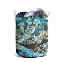 Japanese Hawaiian Crane Laundry Basket Blue Tapa Patchwork Pattern LT9 - Polynesian Pride