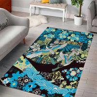 Japanese Hawaiian Crane Area Rug Blue Tapa Patchwork Pattern