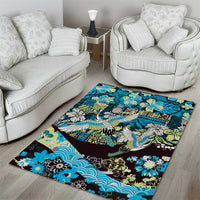 Japanese Hawaiian Crane Area Rug Blue Tapa Patchwork Pattern