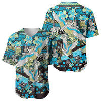 Japanese Hawaiian Crane Baseball Jersey Blue Tapa Patchwork Pattern LT9 - Polynesian Pride