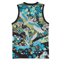 Japanese Hawaiian Crane Basketball Jersey Blue Tapa Patchwork Pattern LT9 - Polynesian Pride