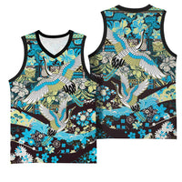 Japanese Hawaiian Crane Basketball Jersey Blue Tapa Patchwork Pattern LT9 - Polynesian Pride