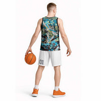 Japanese Hawaiian Crane Basketball Jersey Blue Tapa Patchwork Pattern LT9 - Polynesian Pride