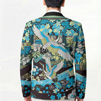 Japanese Hawaiian Crane Blazer Blue Tapa Patchwork Pattern LT9 - Polynesian Pride