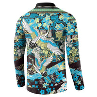 Japanese Hawaiian Crane Button Sweatshirt Blue Tapa Patchwork Pattern LT9 - Polynesian Pride